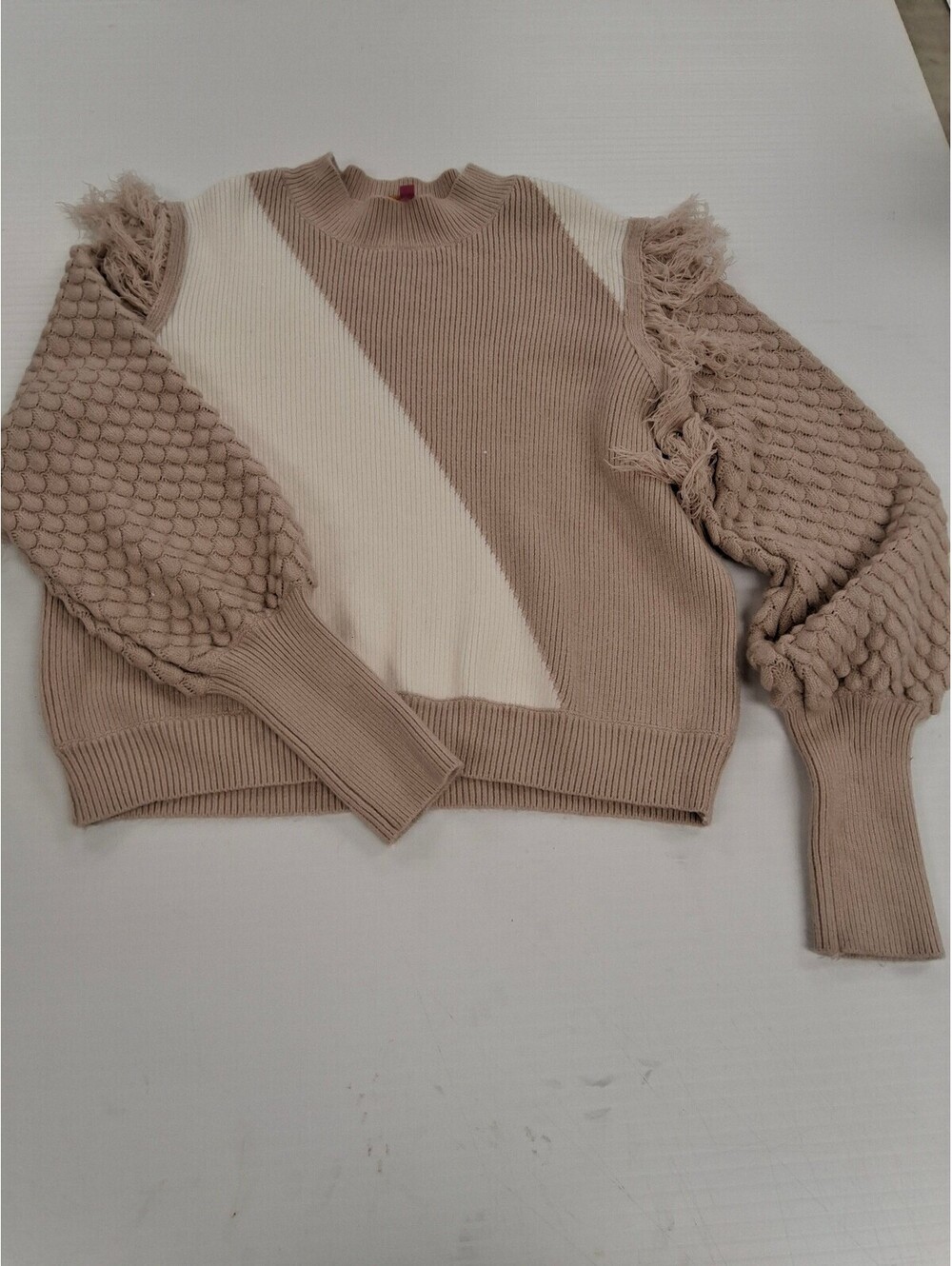THML Women's XL Beige and Cream Textured Sleeve Pullover Sweater